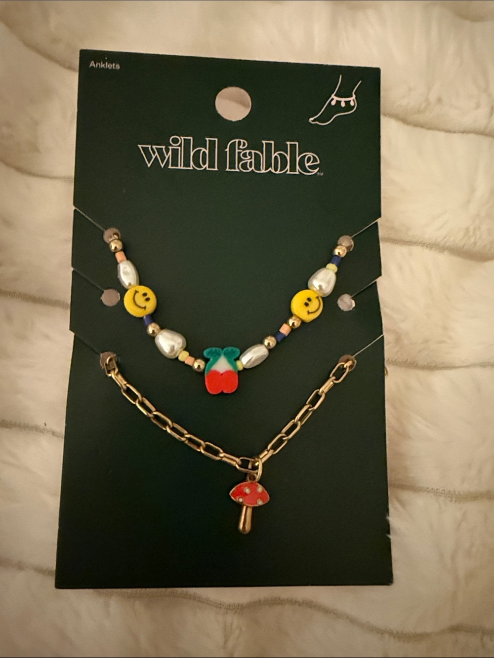 wild fable Beaded Smile & Cherry Charm Anklet Set - Yellow, Red, Blue, Gold